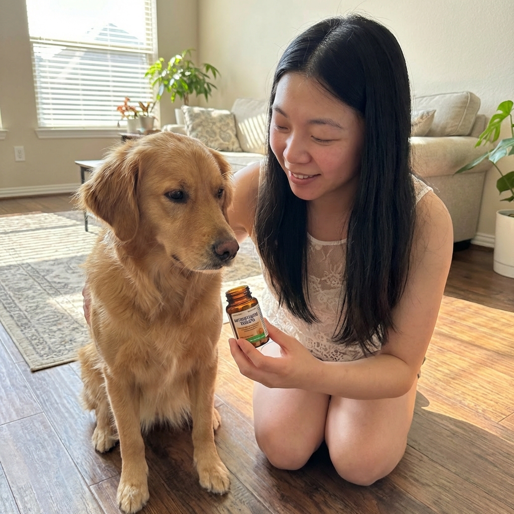 A medium-size dog sitting calmly on a living room floor while an owner holds a small bottle of antihistamine tablets
