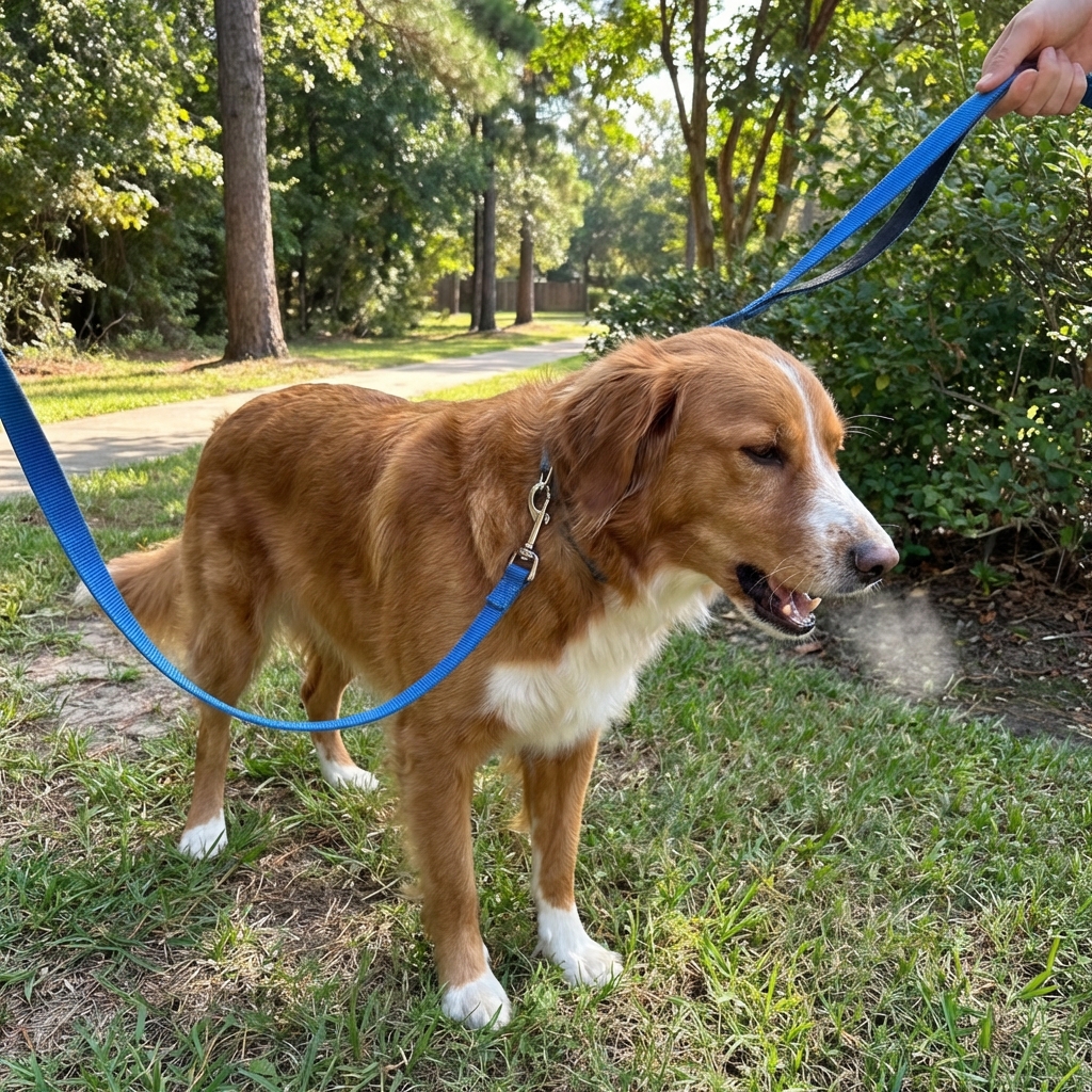 A medium-size dog standing outdoors with a leash, mouth slightly open as if about to cough