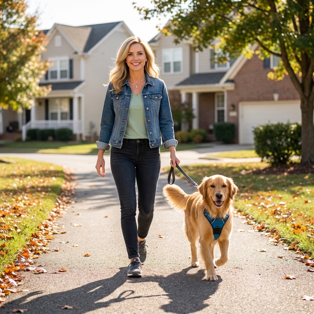 A medium-size dog wearing a harness walking on a leash beside an owner on a neighborhood path, natural candid photo