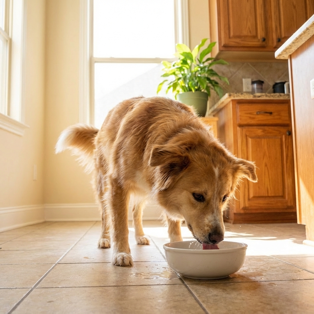 A medium-size mixed breed dog lapping water from a white ceramic bowl in a bright kitchen