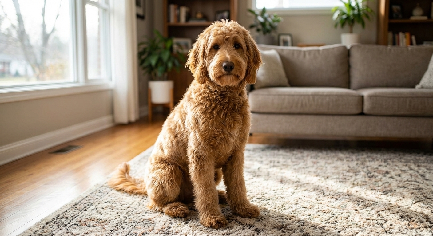 A medium-sized Goldendoodle sitting calmly on a living room rug in soft natural window light, looking directly at the camera, photorealistic