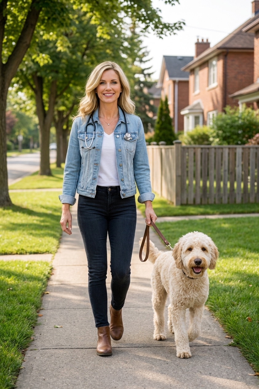A medium-sized Labradoodle standing on a sidewalk next to an adult owner holding a leash, showing realistic scale and proportion, real photo style
