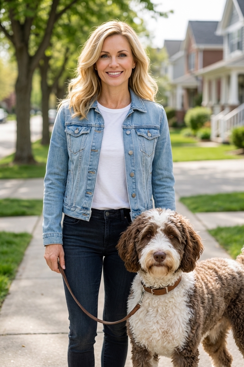 A medium-sized Springerdoodle standing beside an owner on a sidewalk during a neighborhood walk, wearing a simple collar, photorealistic