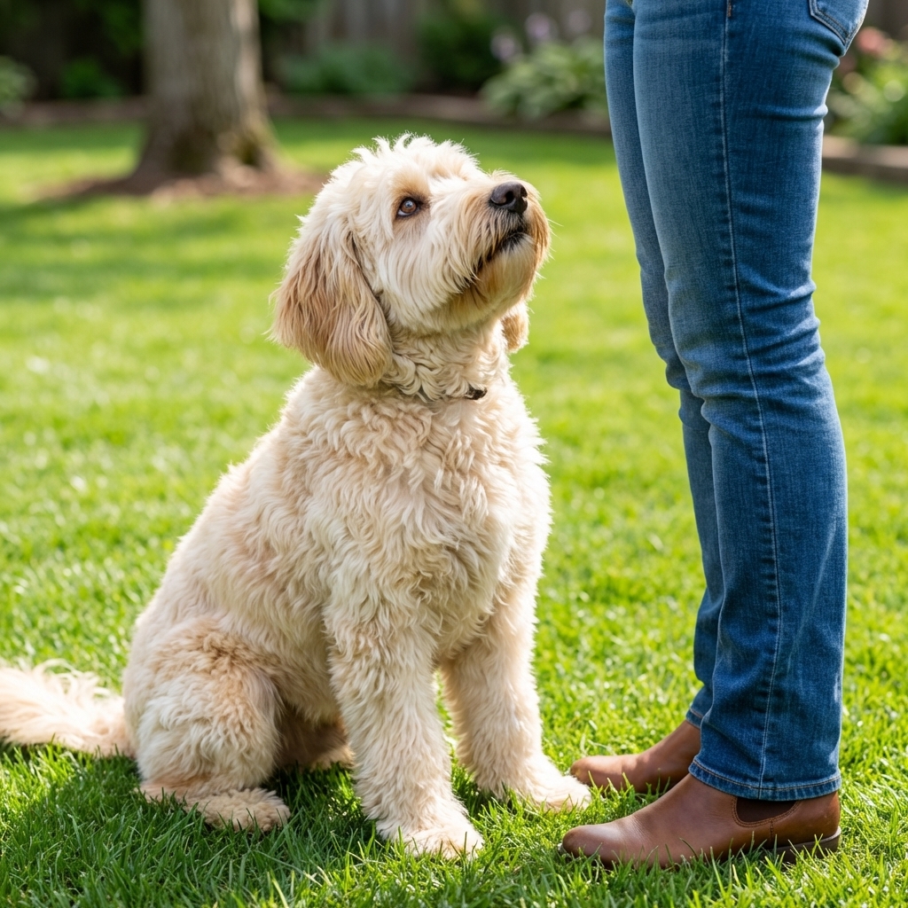 A medium-sized Whoodle with a wavy, cream-colored coat sitting on a grassy lawn next to a person’s legs, looking up with bright eyes in natural daylight, photorealistic