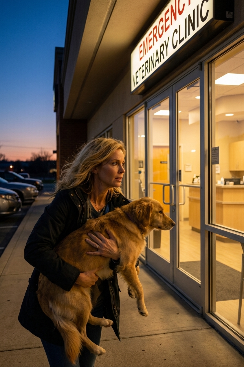 A medium-sized dog being carried by its owner into an emergency veterinary clinic entrance at dusk, realistic photography style
