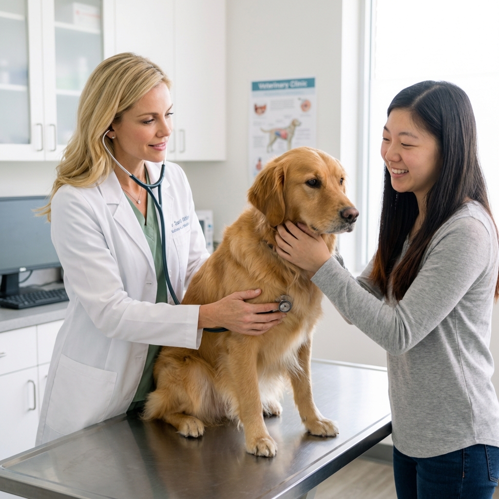 A medium-sized dog being gently examined by a veterinarian in a clinic exam room