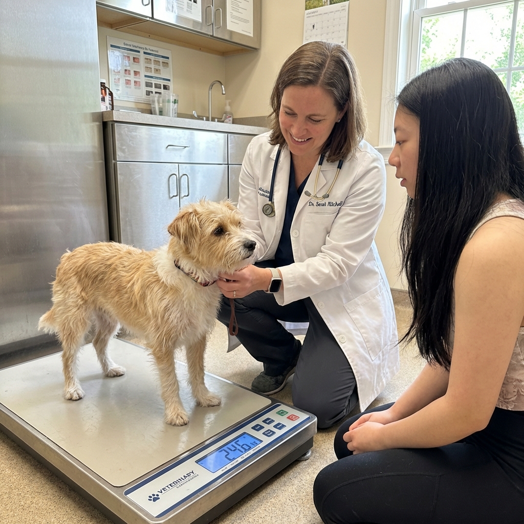 A medium-sized dog being gently weighed on a veterinary clinic scale