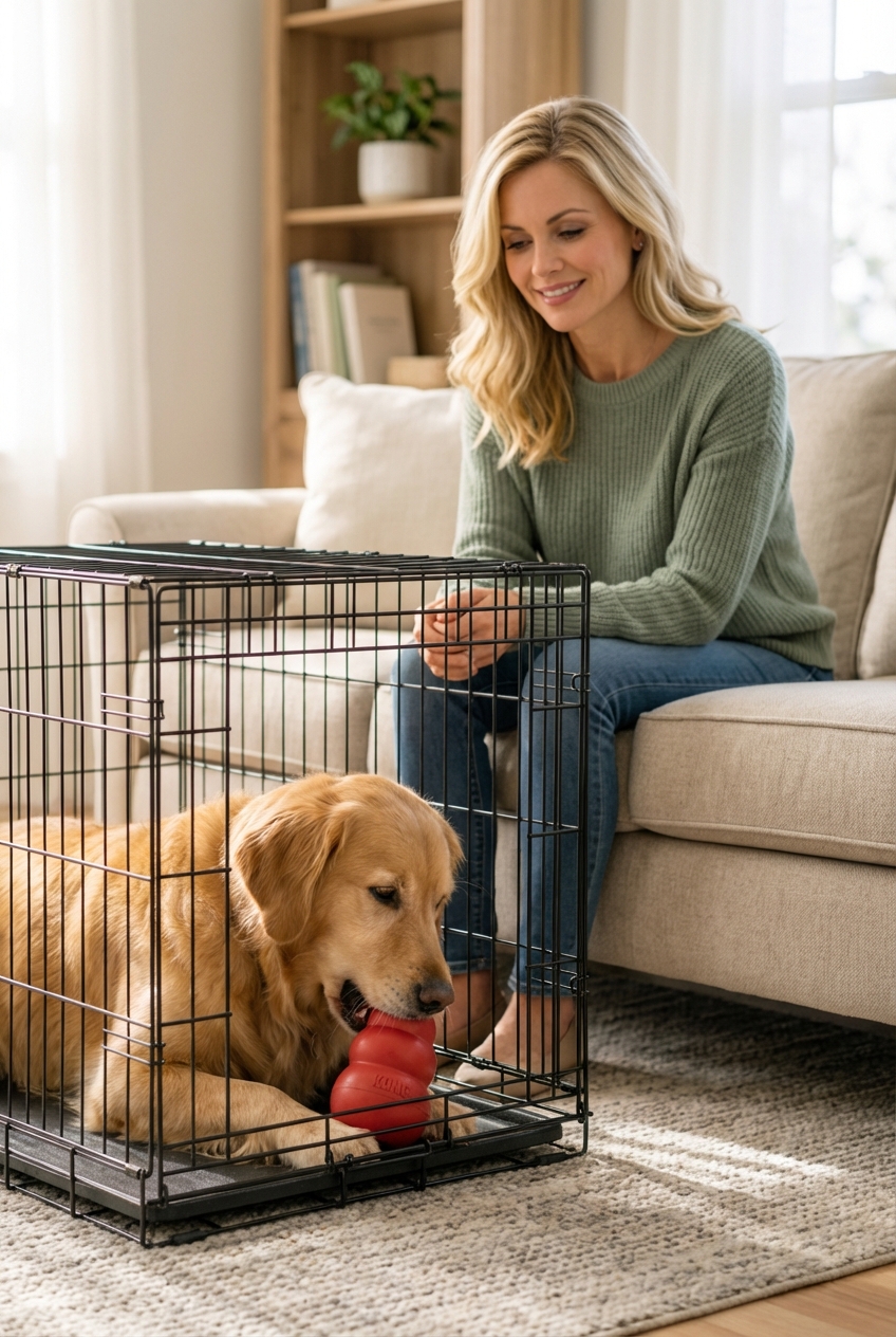 A medium-sized dog calmly chewing a rubber food toy inside a crate while a person sits nearby on a couch