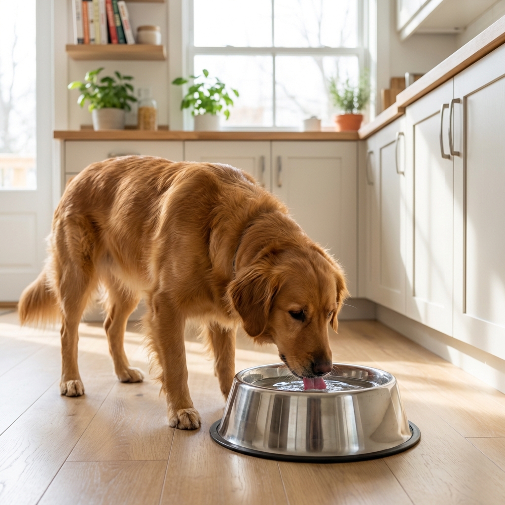A medium-sized dog calmly drinking water from a stainless steel bowl in a bright kitchen