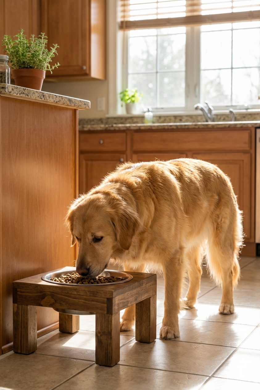 A medium-sized dog calmly eating a small meal from a stainless steel bowl placed on a low, sturdy elevated stand in a bright kitchen, natural window light, photorealistic