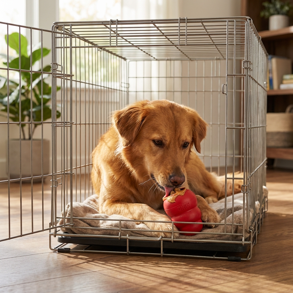 A medium-sized dog calmly licking a stuffed rubber food toy while resting inside an open crate