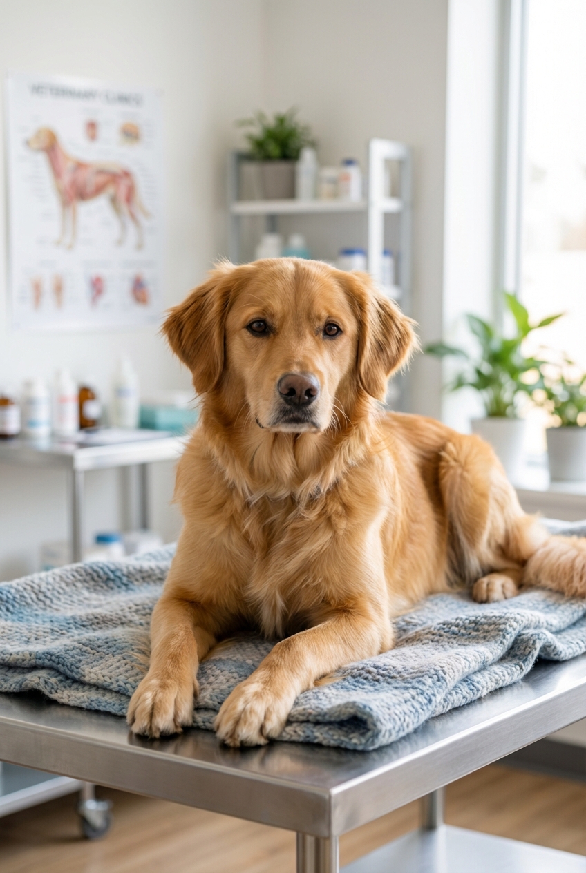 A medium-sized dog calmly resting on a blanket at a veterinary clinic