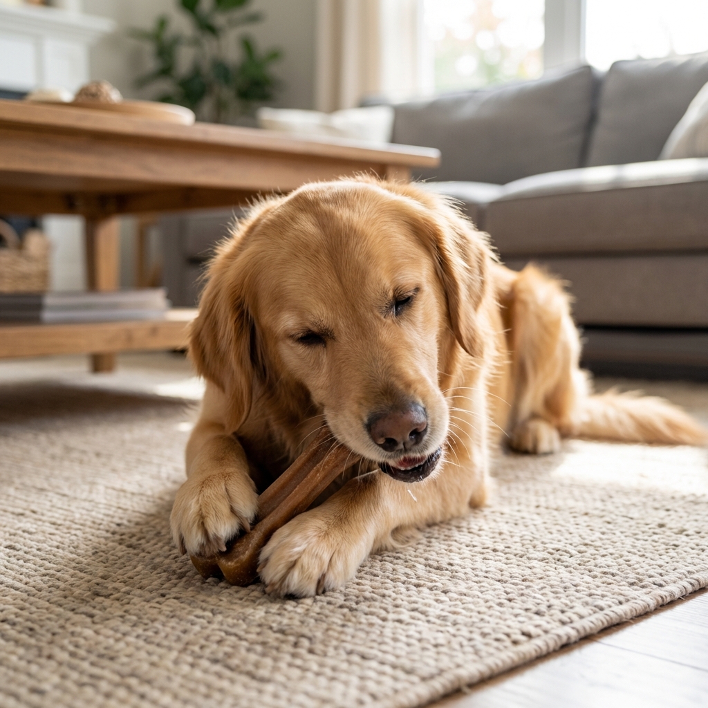 A medium-sized dog chewing a dental chew on a living room rug, with the chew visible between the front paws