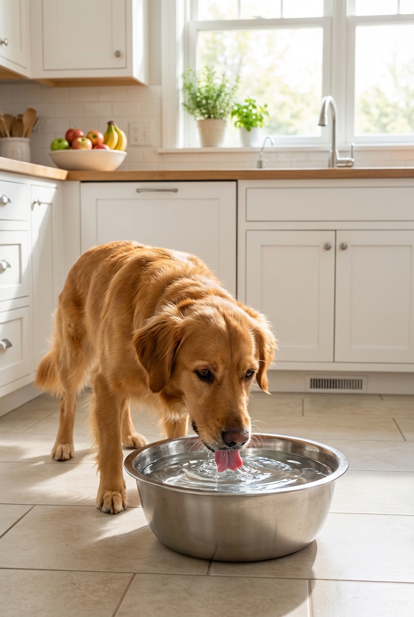 A medium-sized dog drinking fresh water from a stainless steel bowl in a bright kitchen