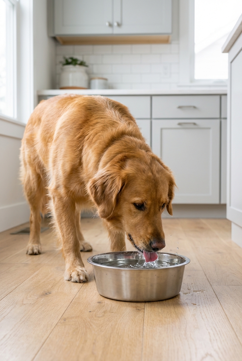 A medium-sized dog drinking fresh water from a stainless steel bowl on a kitchen floor