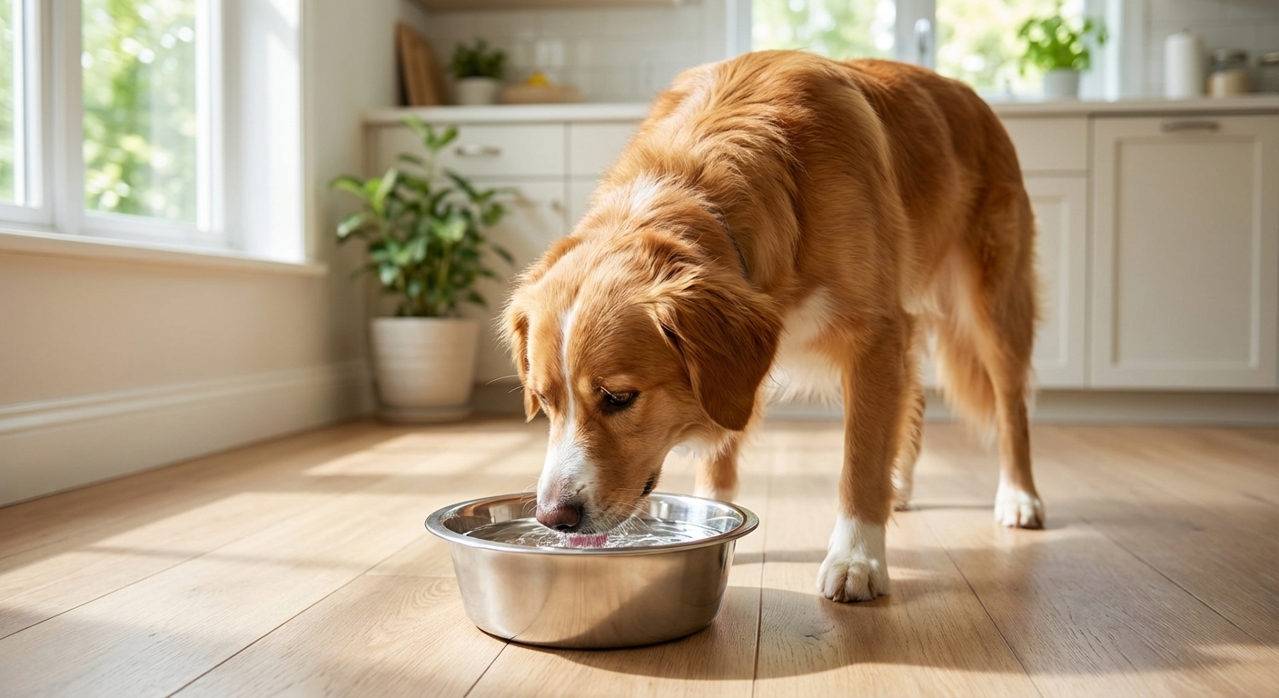 A medium-sized dog drinking fresh water from a stainless steel bowl on a kitchen floor, natural indoor lighting, photorealistic