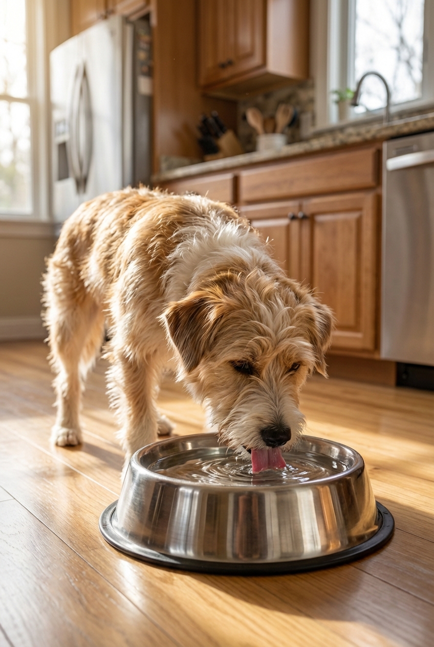A medium-sized dog drinking from a stainless steel water bowl on a kitchen floor