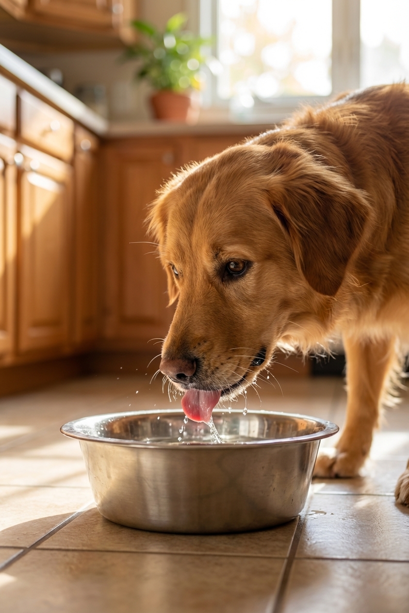 A medium-sized dog drinking from a stainless steel water bowl in a kitchen with soft morning light, close-up, photorealistic pet photography