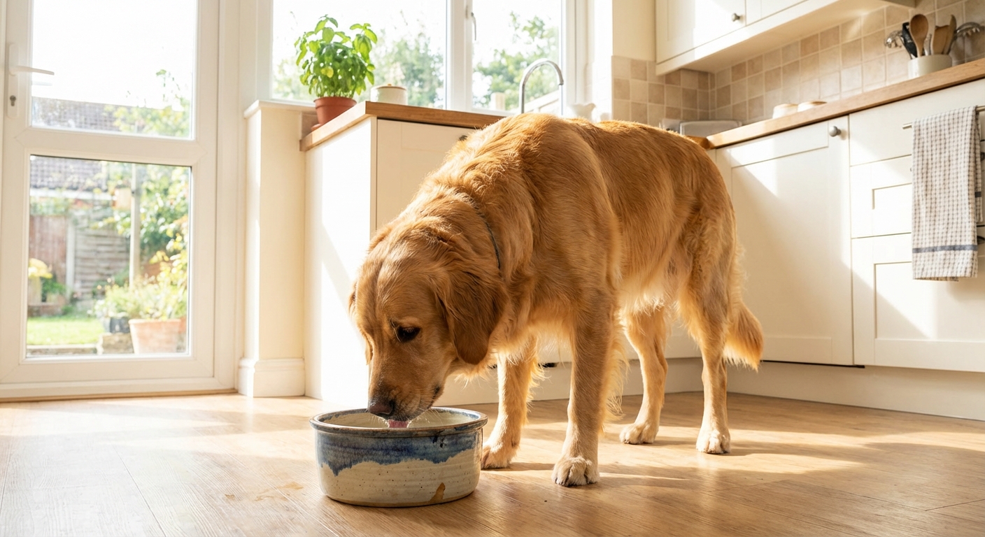 A medium-sized dog drinking water from a ceramic bowl in a bright kitchen
