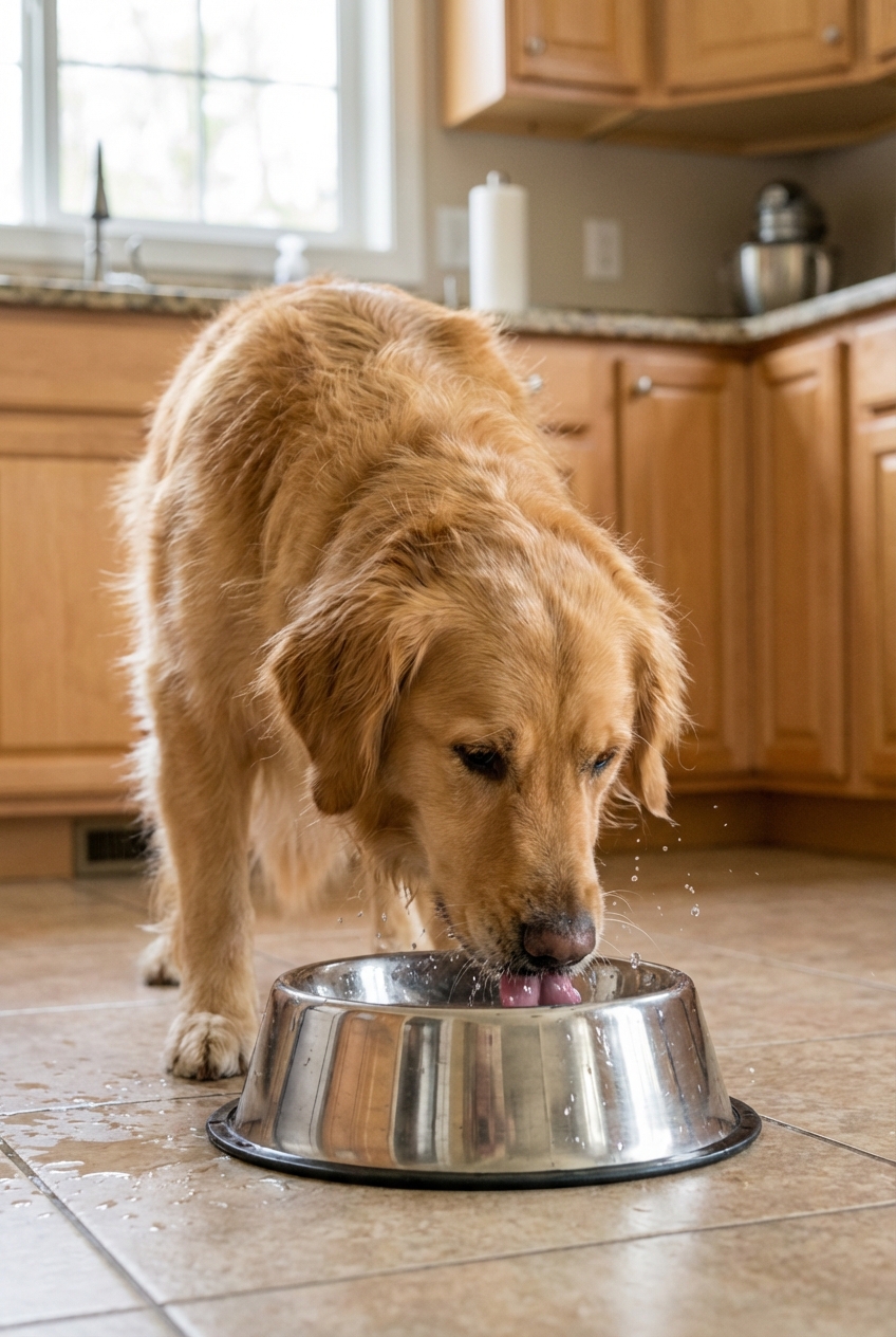 A medium-sized dog drinking water from a stainless steel bowl in a kitchen