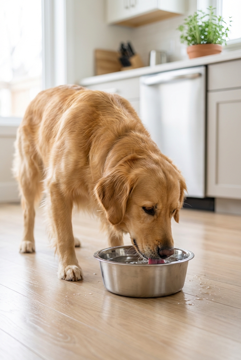 A medium-sized dog drinking water from a stainless steel bowl on a kitchen floor