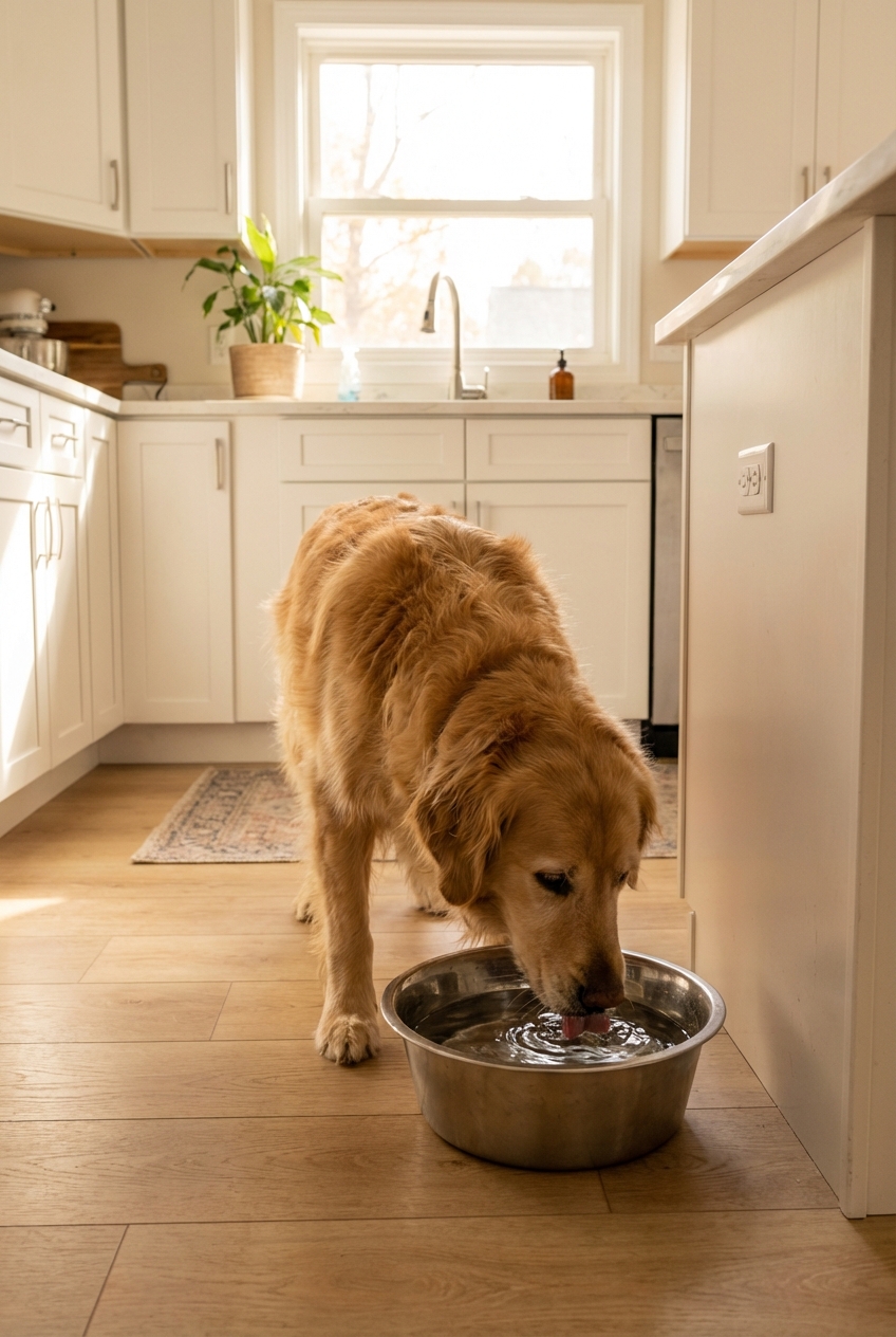 A medium-sized dog drinking water from a stainless steel bowl in a bright kitchen