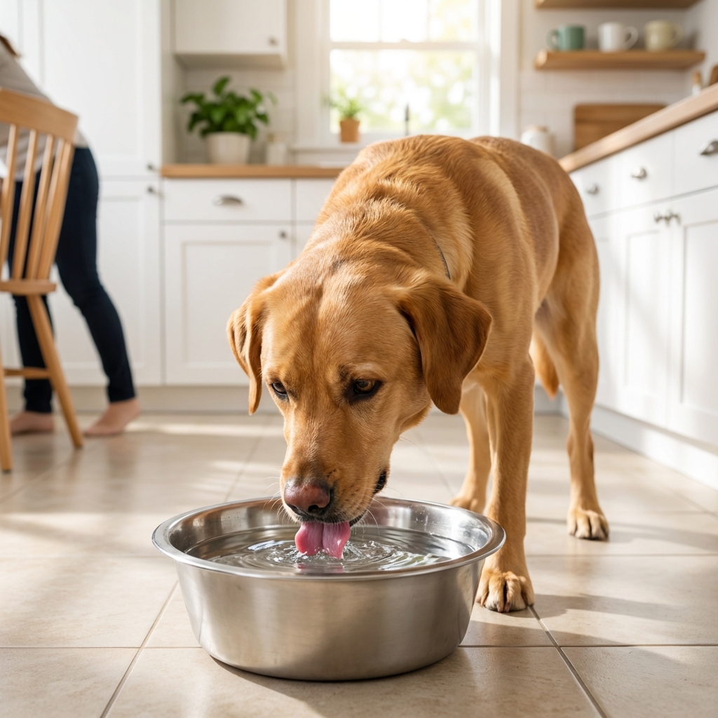A medium-sized dog drinking water from a stainless steel bowl in a kitchen