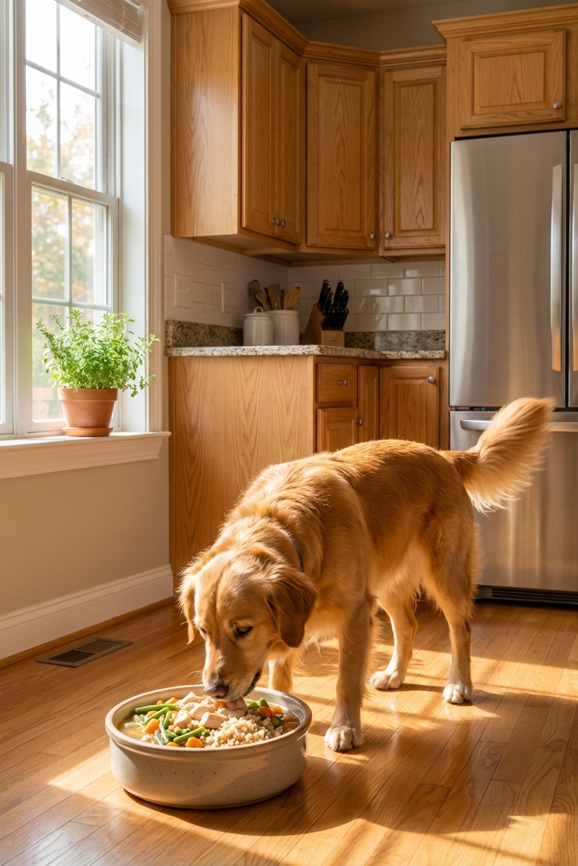 A medium-sized dog eating a bowl of fresh homemade food in a bright kitchen, natural window light, photorealistic