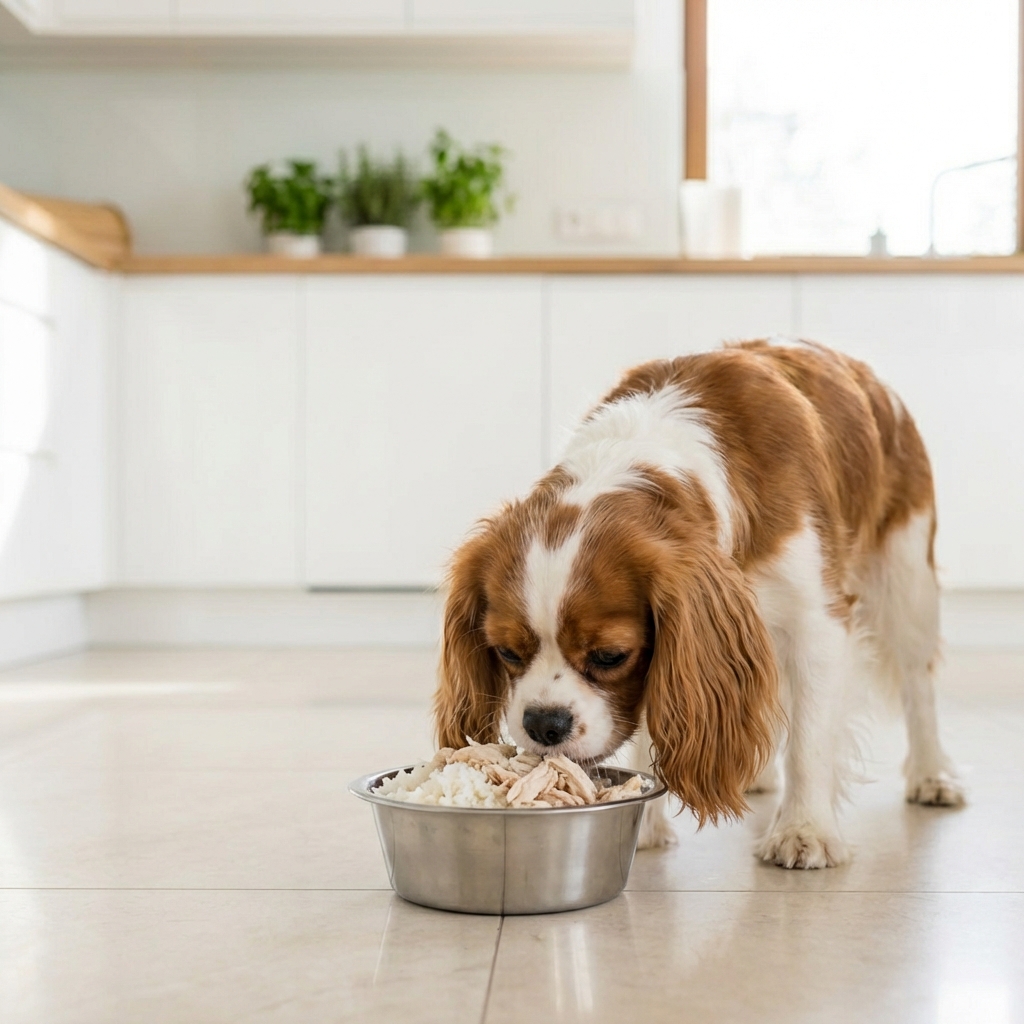 A medium-sized dog eating a small bowl of plain white rice and boiled chicken in a home kitchen