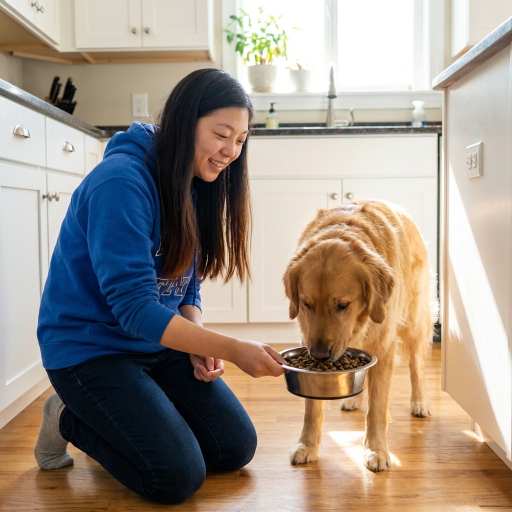 A medium-sized dog eating a small meal from a stainless steel bowl in a bright kitchen