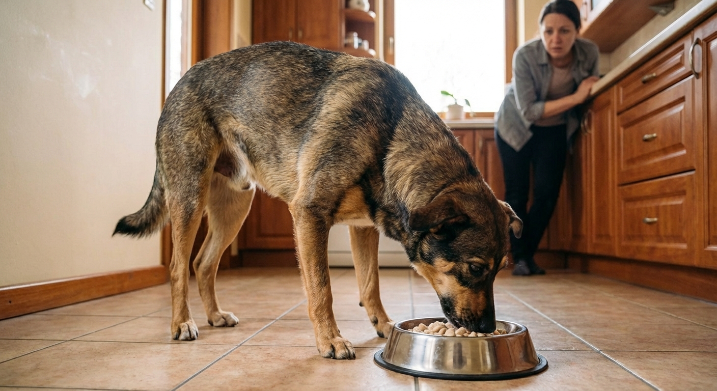 A medium-sized dog eating a small portion of bland food from a stainless steel bowl in a home kitchen