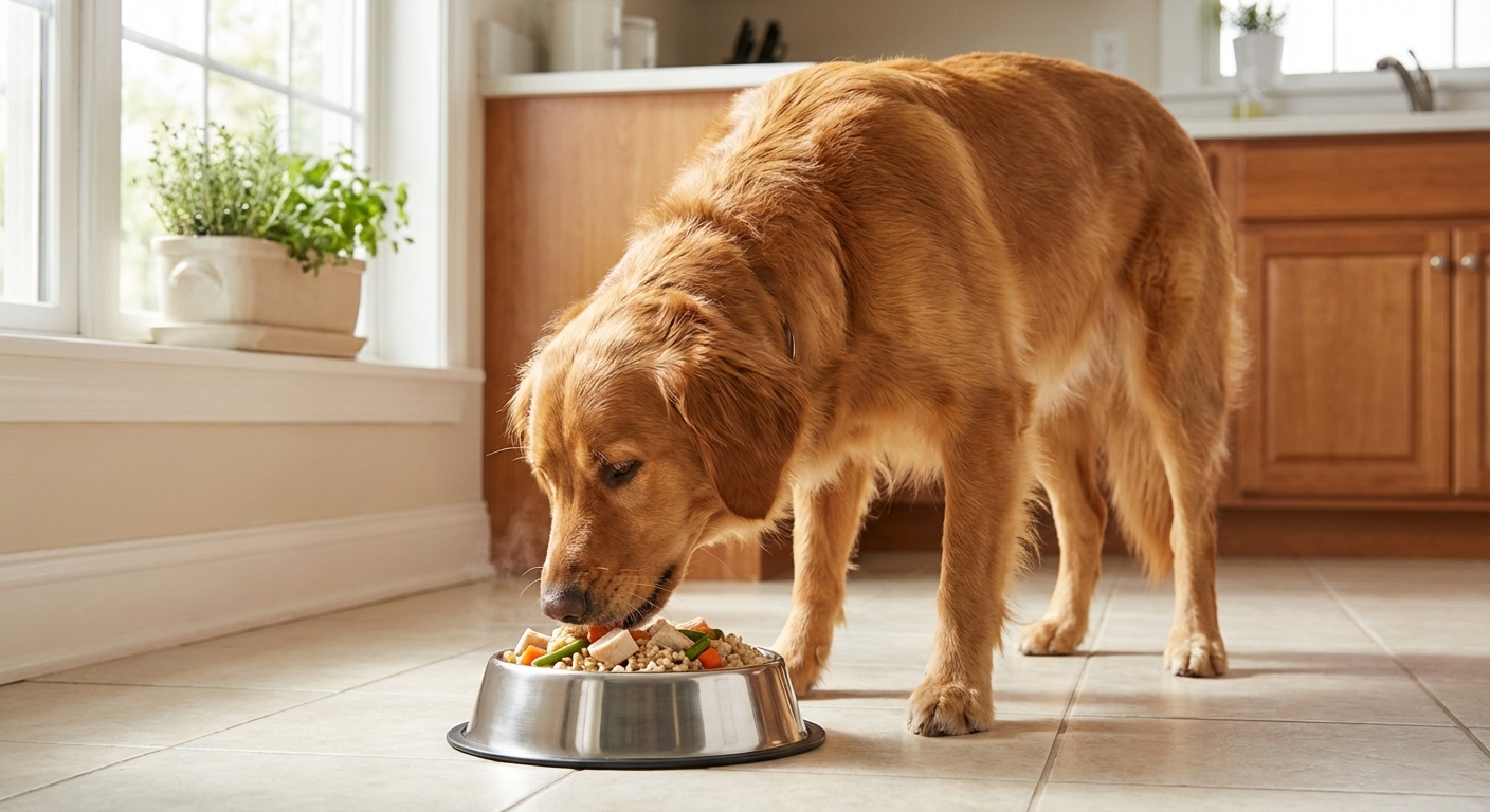 A medium-sized dog eating a small portion of homemade food from a stainless steel bowl in a bright kitchen, natural window light, photorealistic