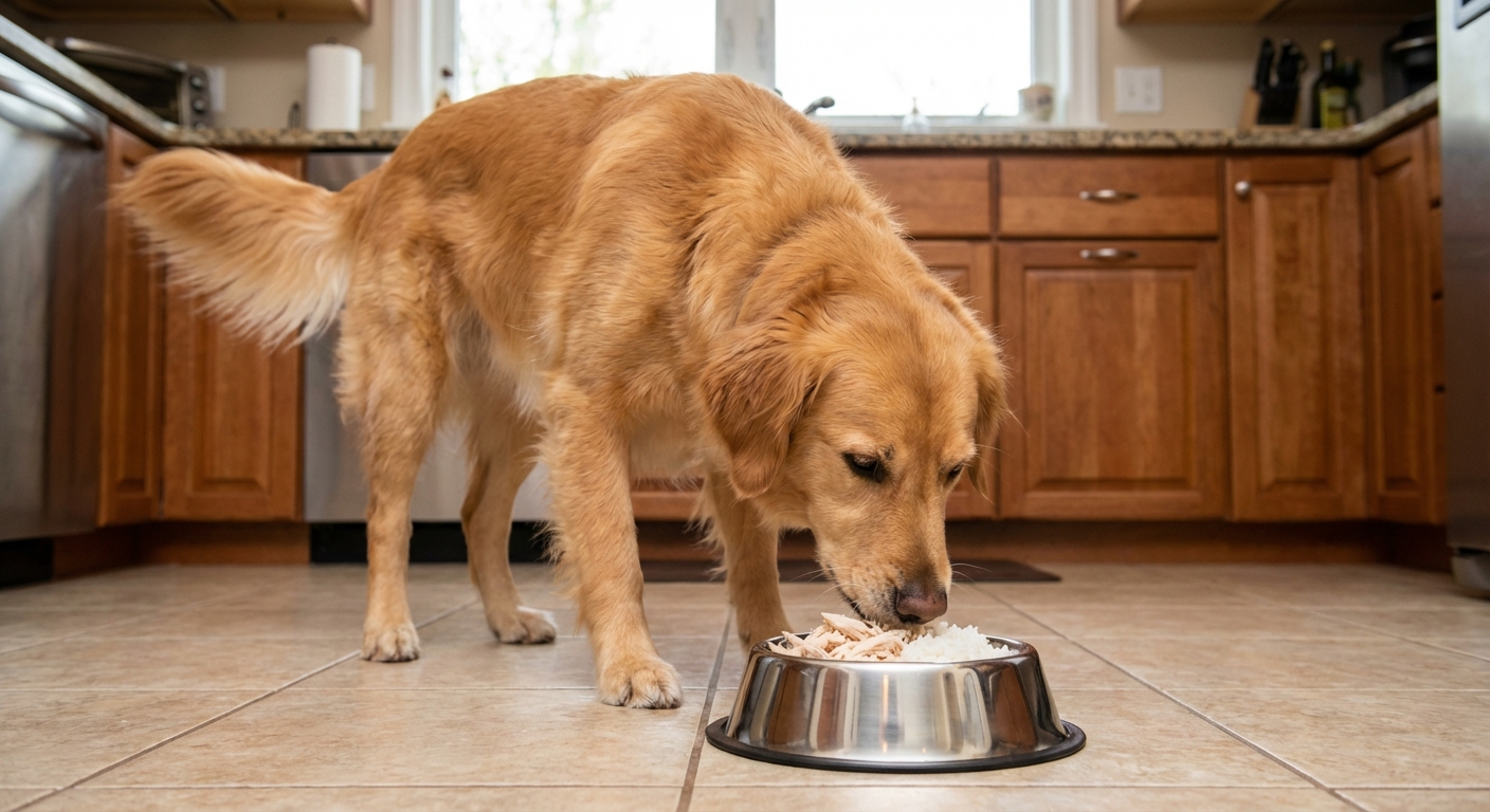 A medium-sized dog eating a small portion of plain boiled chicken and white rice from a stainless steel bowl in a home kitchen