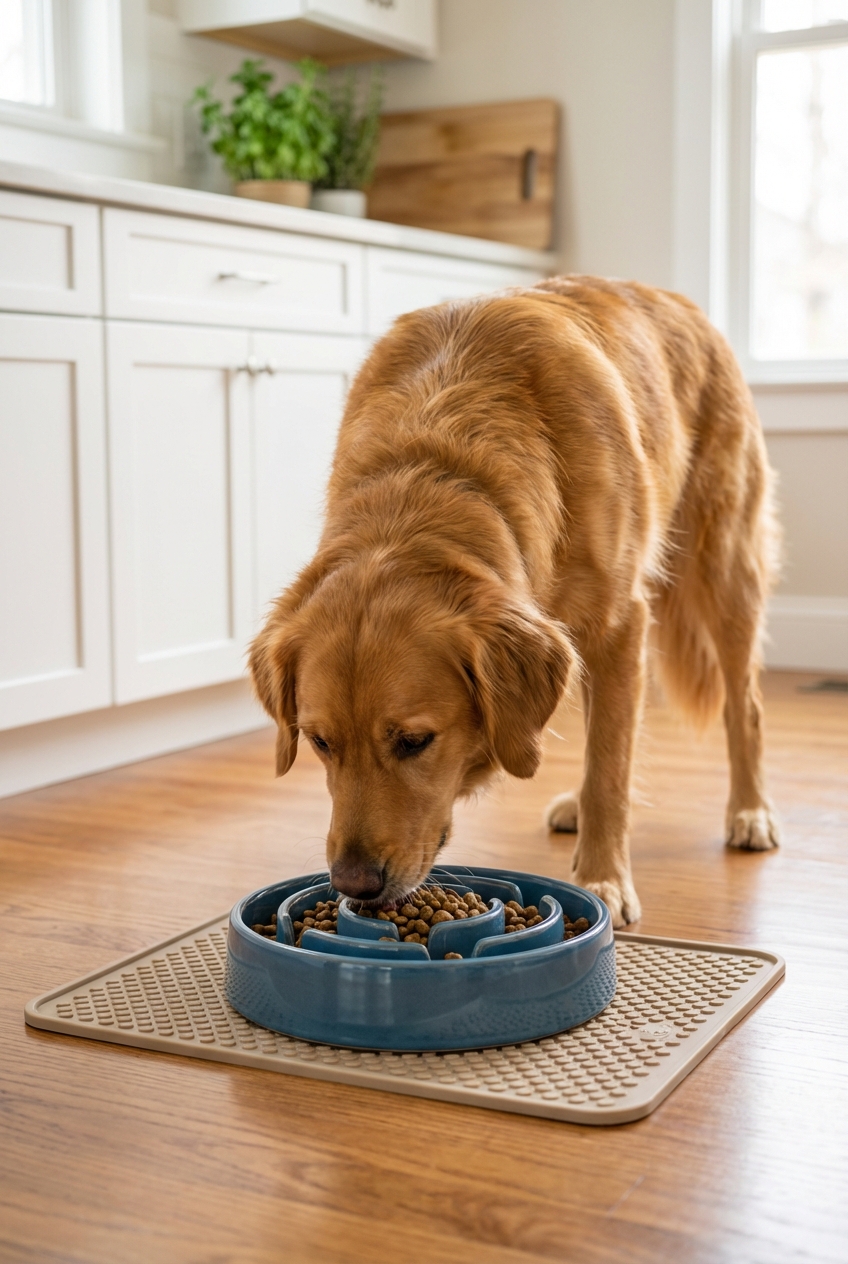A medium-sized dog eating from a slow-feeder bowl on a clean kitchen mat