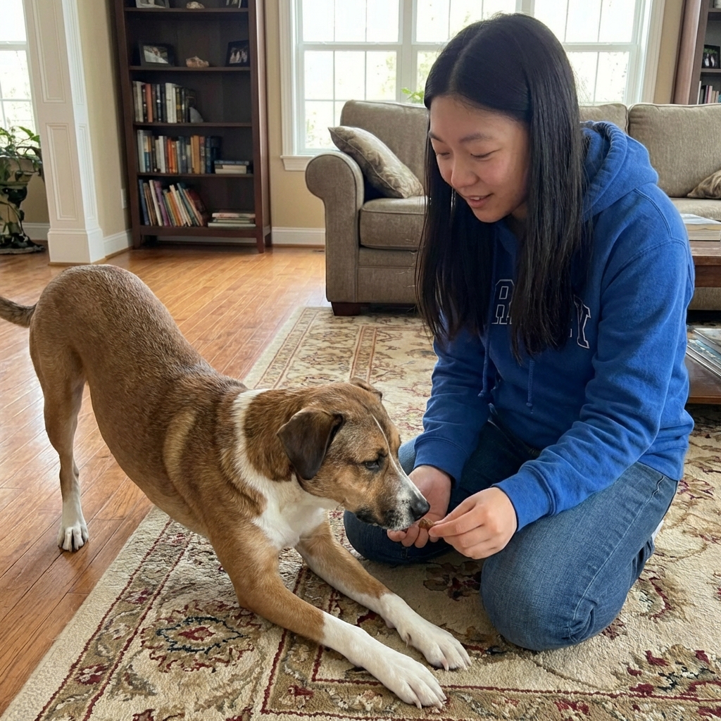 A medium-sized dog following a treat lure from sitting to lying down on a carpeted floor