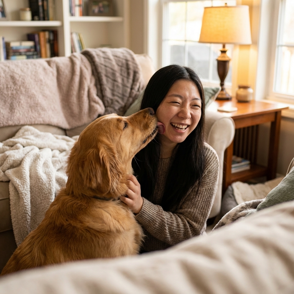 A medium-sized dog gently licking a smiling owner's cheek in a cozy living room