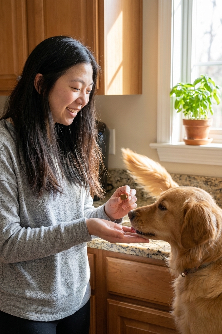A medium-sized dog gently taking a chewable parasite prevention tablet from a person's hand in a bright kitchen, real-life photography style