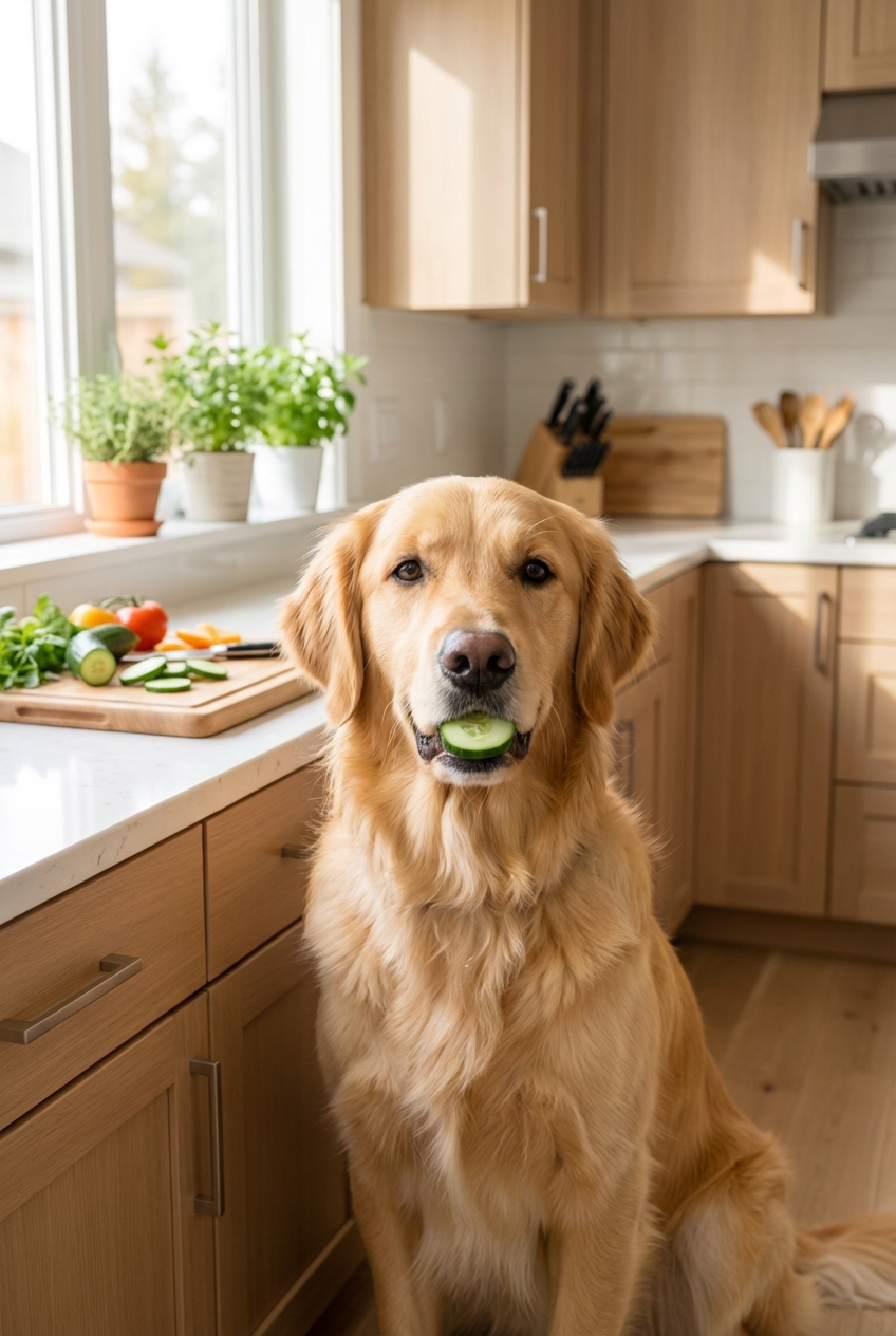 A medium-sized dog holding a cucumber slice gently in its mouth in a bright kitchen