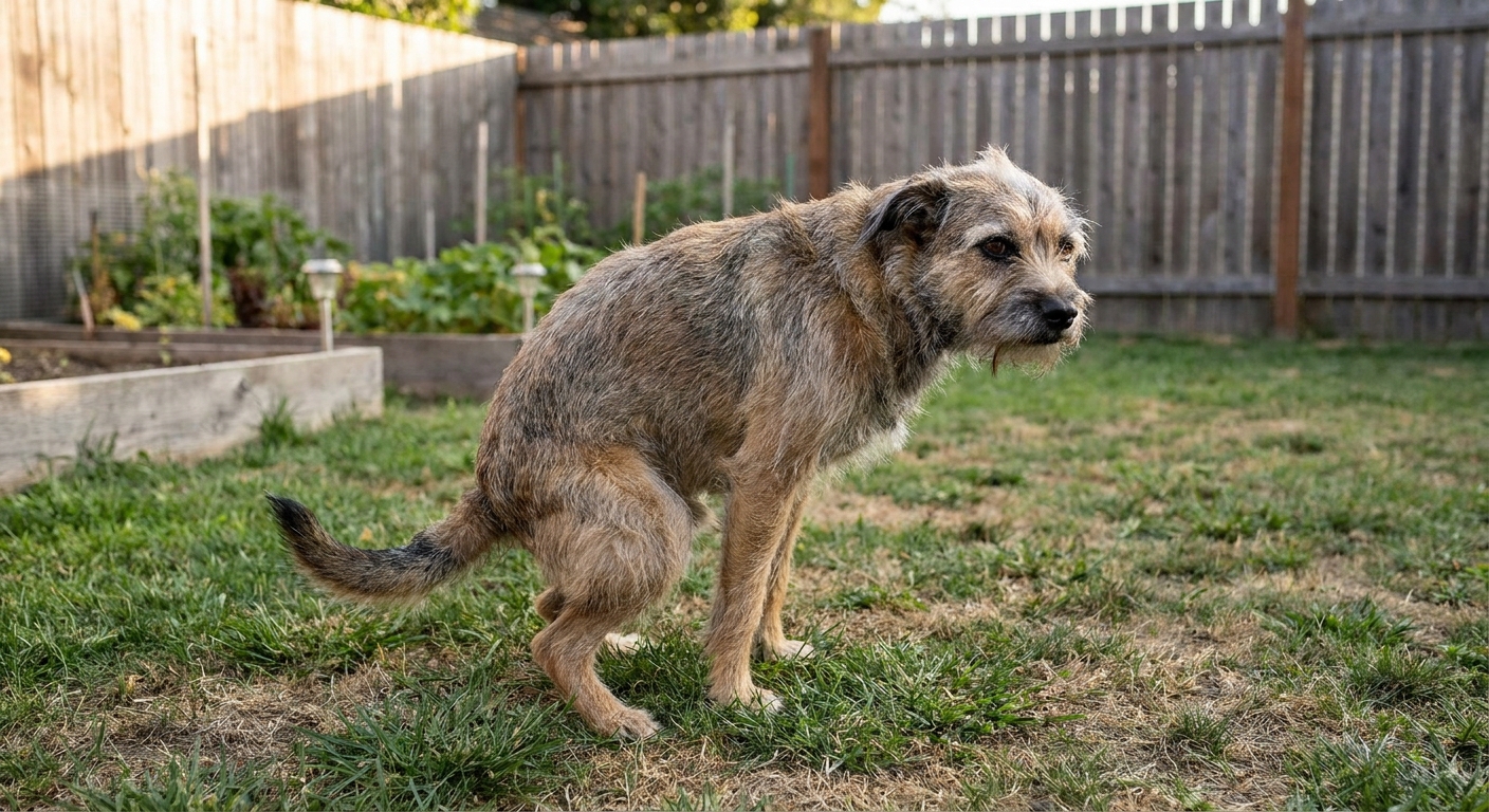 A medium-sized dog in a backyard in a squatting posture, looking uncomfortable and straining as if trying to poop, natural daylight