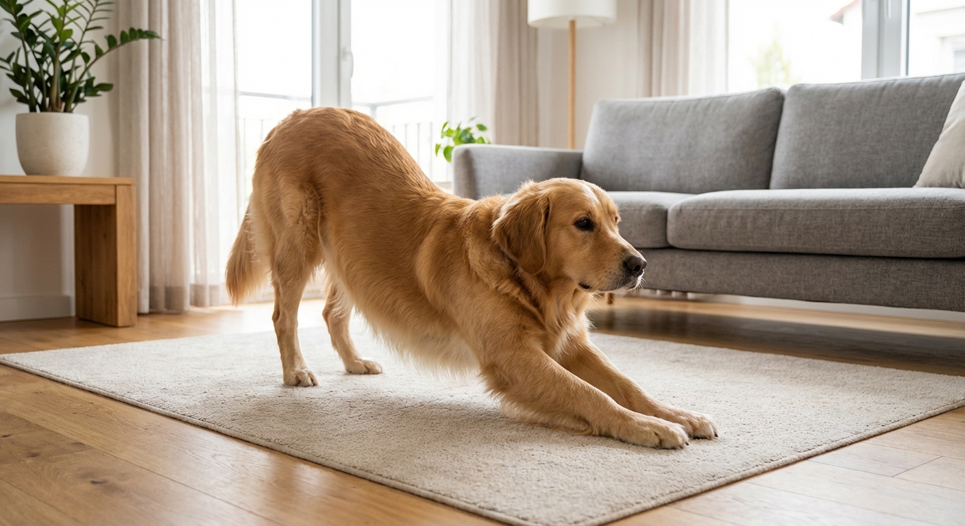 A medium-sized dog in a home doing a forward stretch with front legs extended and chest lowered