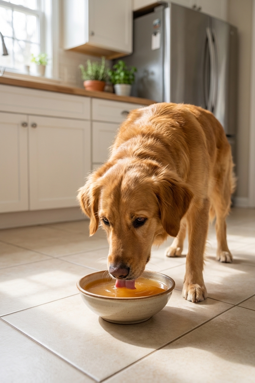 A medium-sized dog in a home kitchen lowering its head to drink a small bowl of warm bone broth on a clean tiled floor, natural window light, candid photorealistic photography