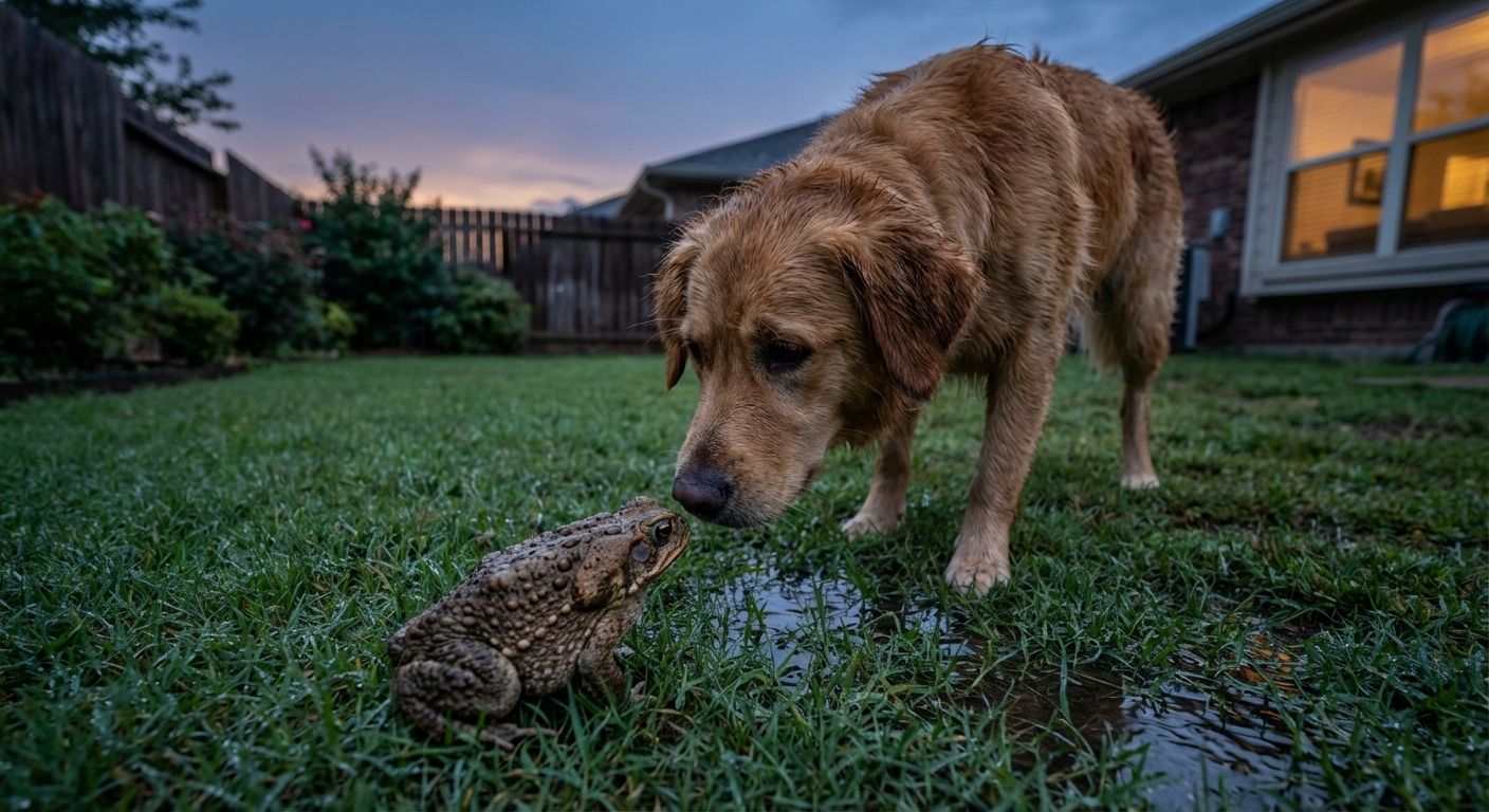 A medium-sized dog in a suburban backyard at dusk standing near a large cane toad on wet grass after rainfall, realistic photography style