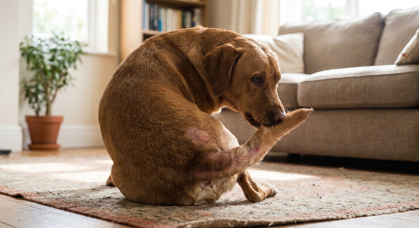 A medium-sized dog indoors turning its head to chew at the base of its tail, with mild thinning hair over the rump, natural home photography style