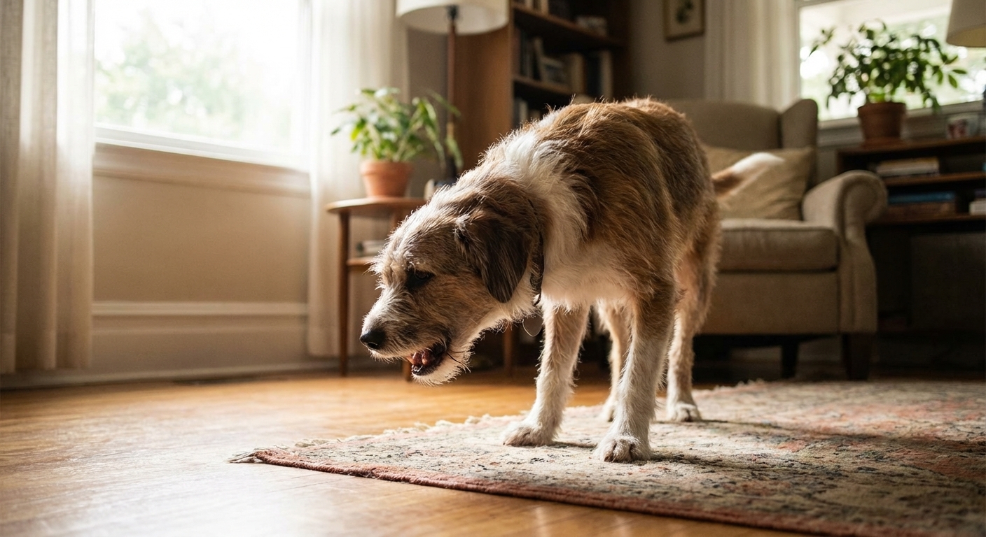 A medium-sized dog indoors with its head slightly extended and mouth partially open as if coughing, captured in a realistic, natural home setting with soft window light