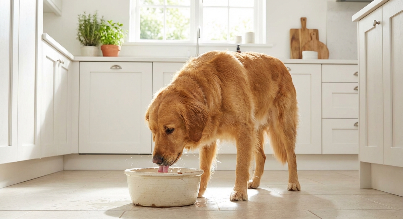 A medium-sized dog lapping water from a ceramic bowl in a bright kitchen
