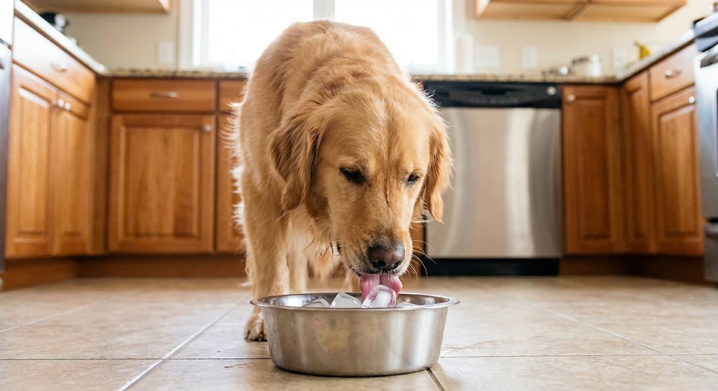 A medium-sized dog licking a few ice cubes from a stainless steel bowl in a kitchen
