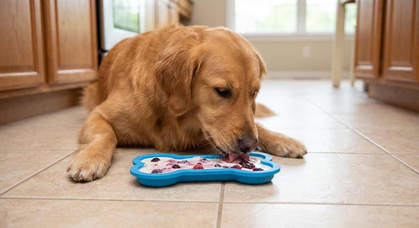 A medium-sized dog licking a frozen treat from a silicone mold on a kitchen tile floor