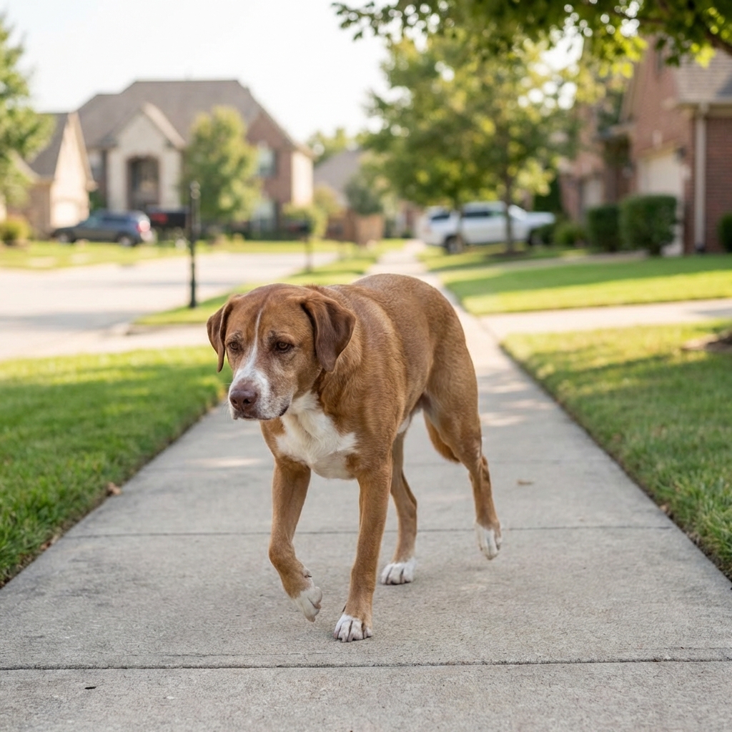A medium-sized dog limping slightly while walking on a neighborhood sidewalk