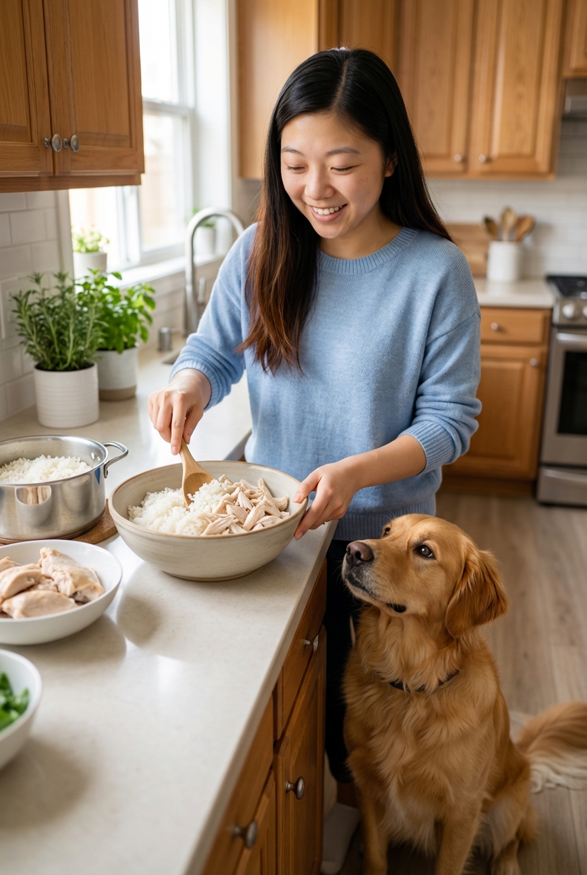 A medium-sized dog looking up while a person prepares plain boiled chicken and white rice on a countertop