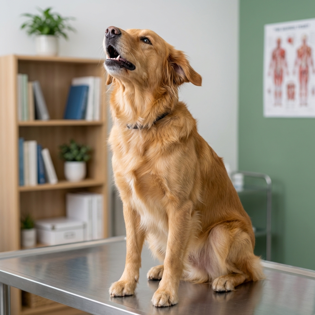 A medium-sized dog looking up with its mouth slightly open as if about to cough